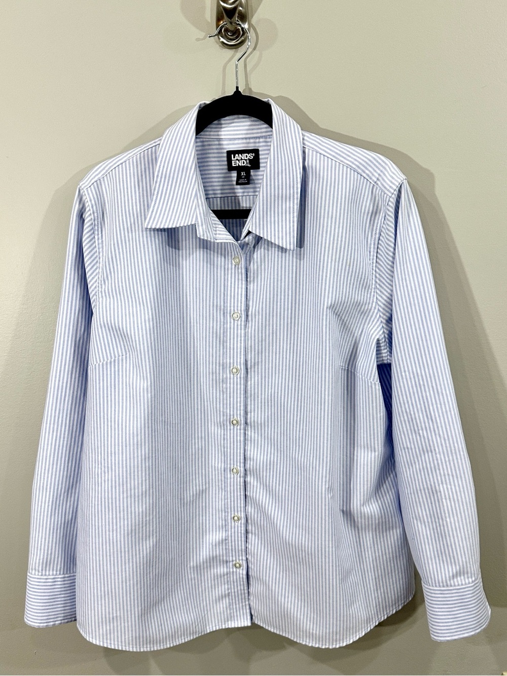 Lands' End Women’s Light Blue and White Pinstripe Oxford Shirt